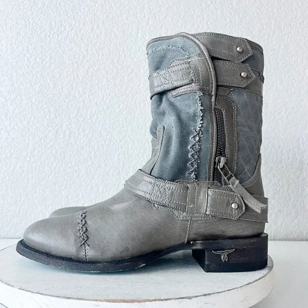 Lane Boots Womens Gray Leater Canvas Mid-Calf Western Moto Style Zip Size 7.5
